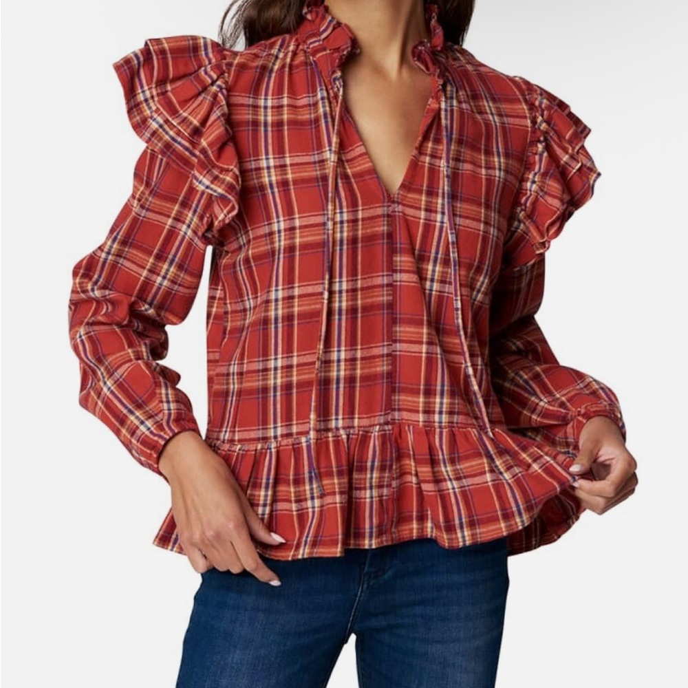 Blank NYC Red Plaid Flannel Ruffle Long Sleeve Blouse Top NWT 3X Cottagecore Y2K